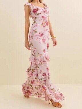 NWT Reformation Tripoli Pink Floral Ruffle Maxi Dress
